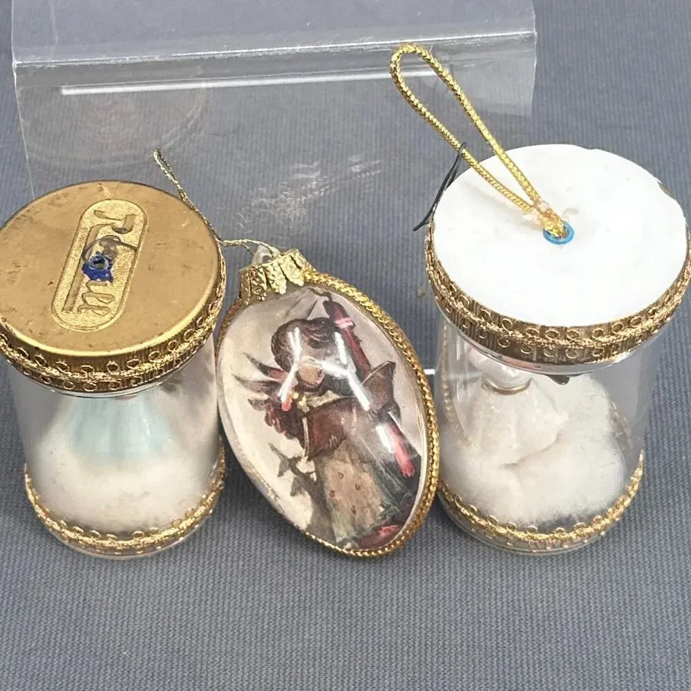 VTG Handmade Baby Angel Pill Bottle Ornament Set 3 Plastic Diorama Gold Trim 50s